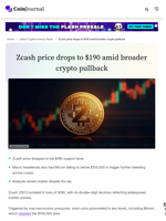 Zcash price drops to $190 amid broader crypto pullback - CoinJournal