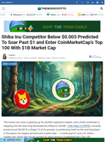 Shiba Inu Competitor Below $0.003 Predicted To Soar Past $1 and Enter CoinMarketCap’s Top 100 With $1B Market Cap