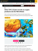 Crypto Funds Post $3.75B Inflows Driven By Ether ETFs