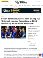 Seven Barcelona players rank among top 100 most valuable footballers at 2026 World Cup with €650M total value