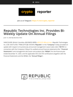 Republic Technologies Inc. Provides Bi-Weekly Update On Annual Filings
