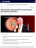 Michael Saylor Opposes BIP 110, Says Proposal Risks Bitcoin’s Neutrality