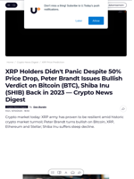 XRP Holders Didn't Panic Despite 50% Price Drop, Peter Brandt Issues Bullish Verdict on Bitcoin (BTC), Shiba Inu (SHIB) Back in 2023 — Crypto News Digest - U.Today
