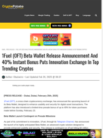 1Fuel (OFT) Beta Wallet Release Announcement And 40% Instant Bonus Puts Innovation Exchange In Top Trending Cryptos