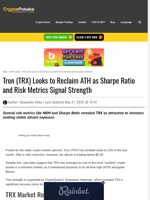 Tron (TRX) Looks to Reclaim ATH as Sharpe Ratio and Risk Metrics Signal Strength