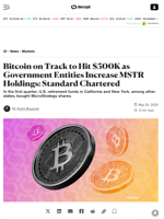 Bitcoin on Track to Hit $500K as Government Entities Increase MSTR Holdings: Standard Chartered - Decrypt