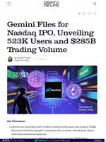 Gemini Files for Nasdaq IPO, Unveiling 523K Users and $285B Trading Volume