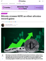 Bitcoin crosses $117K as other altcoins record gains - Coinfea