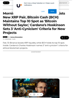 Morning Crypto Report: Binance Lists New XRP Pair, Bitcoin Cash (BCH) Maintains Top 10 Spot as 'Bitcoin Without Saylor,' Cardano's Hoskinson Sets 3 'Anti-Cynicism' Criteria for New Projects - U.Today