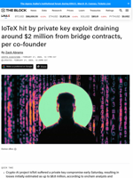 IoTeX hit by private key exploit draining around $2 million from bridge contracts, per co-founder | The Block