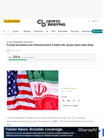 Trump threatens Iran infrastructure if talks fail, peace deal odds drop