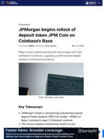 JPMorgan begins rollout of deposit token JPM Coin on Coinbase’s Base