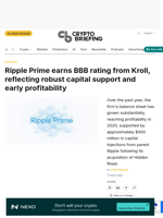 Ripple Prime earns BBB rating from Kroll, reflecting robust capital support and early profitability