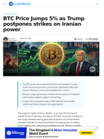 BTC Price up 5% as Trump postpones strikes on Iranian power