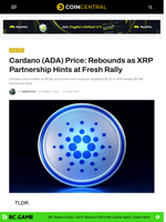 Cardano (ADA) Price: Rebounds as XRP Partnership Hints at Fresh Rally - CoinCentral
