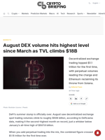 August DEX volume hits highest level since March as TVL climbs $18B