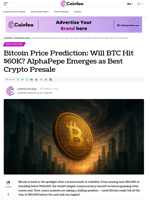 Bitcoin Price Prediction: Will BTC Hit $60K? AlphaPepe Emerges as Best Crypto Presale - Coinfea