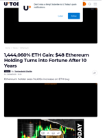 1,444,060% ETH Gain: $48 Ethereum Holding Turns into Fortune After 10 Years - U.Today