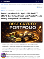 Best Crypto Portfolio April 2026: Do BTC ETFs’ 5-Day Inflow Streak and Pepeto Presale Belong Alongside ETH and BNB?