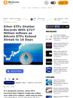 Ether ETFs Shatter Records With $727 Million Inflows as Bitcoin ETFs Extend Streak to 10 Days – Markets and Prices Bitcoin News