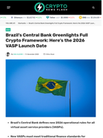 Brazil's Central Bank Greenlights Full Crypto Framework: Here's the 2026 VASP Launch Date - Crypto News Flash