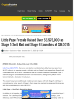Little Pepe Presale Raised Over $6,575,000 as Stage 5 Sold Out and Stage 6 Launches at $0.0015