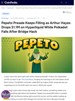 Crypto News: Pepeto Presale Keeps Filling as Arthur Hayes Drops $1.1M on Hyperliquid While Polkadot Falls After Bridge Hack