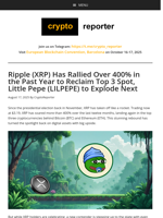 Ripple (XRP) Has Rallied Over 400% in the Past Year to Reclaim Top 3 Spot, Little Pepe (LILPEPE) to Explode Next