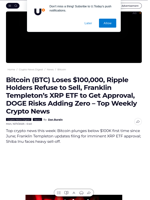 Bitcoin (BTC) Loses $100,000, Ripple Holders Refuse to Sell, Franklin Templeton’s XRP ETF to Get Approval, DOGE Risks Adding Zero – Top Weekly Crypto News - U.Today