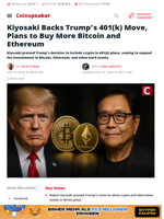 Kiyosaki Endorses Trump’s 401(k) Plan, Buys More BTC & ETH