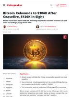 Bitcoin Rebounds to $106K After Ceasefire, $120K in
Sight