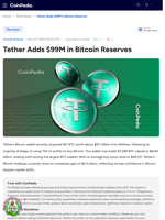Tether Adds $99M in Bitcoin Reserves