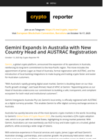 Gemini Expands in Australia with New Country Head and AUSTRAC Registration