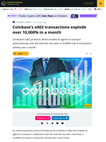 Coinbase’s x402 Transactions Rise 10,000% in a Month