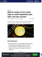Bitcoin surges to two-week high on weak September jobs data, Fed rate cut bets