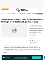 Sam Altman's World sells 239 million WLD through OTC deals with partial lockup