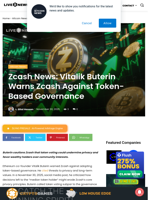 Zcash News: Vitalik Buterin Warns Zcash Against Token-Based Governance | Live Bitcoin News