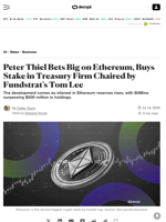 Peter Thiel Bets Big on Ethereum, Buys Stake in Treasury Firm Chaired by Fundstrat's Tom Lee - Decrypt