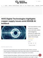 HIVE Digital Technologies highlights copper supply issues amid $500B AI buildout