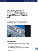 Citigroup eyes custody services for stablecoins and crypto ETFs amid US policy shift