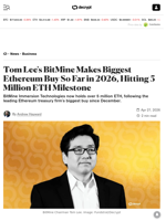 Tom Lee's BitMine Makes Biggest Ethereum Buy So Far in 2026, Hitting 5 Million ETH Milestone - Decrypt