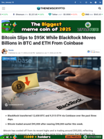 Bitcoin Slips to $95K While BlackRock Moves Billions in BTC and ETH From Coinbase - TheNewsCrypto