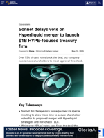 Sonnet delays vote on Hyperliquid merger to launch $1B HYPE-focused treasury firm
