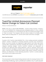 TuanChe Limited Announces Planned Name Change to Token Cat Limited