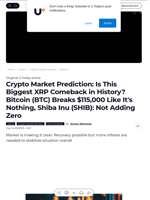 Crypto Market Prediction: Is This Biggest XRP Comeback in History? Bitcoin (BTC) Breaks $115,000 Like It's Nothing, Shiba Inu (SHIB): Not Adding Zero - U.Today
