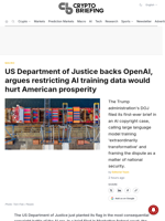 US Department of Justice backs OpenAI, argues restricting AI training data would hurt American prosperity