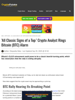 'All Classic Signs of a Top:' Crypto Analyst Rings Bitcoin (BTC) Alarm