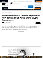 Binance Founder CZ Voices Support for XRP, ZEC and SOL Amid China Crypto Controversy - U.Today