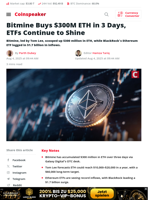 Bitmine Buys $300M ETH in 3 Days, ETFs Continue to Shine - Coinspeaker