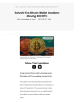 Satoshi-Era Bitcoin Wallet Awakens Moving 400 BTC